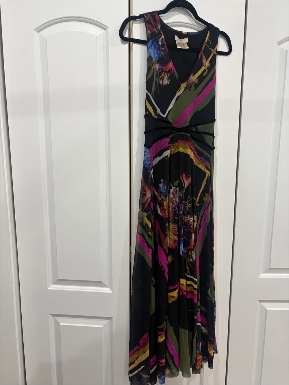 Black Floral & Striped V-Neck Midi Dress